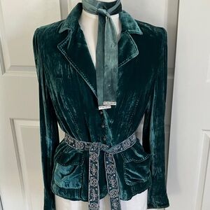 Vintage Green Crushed Velvet Womens Jacket with Embroidered Belt